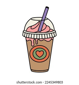  A cup of Valentine's coffee. Cold drink with a straw. Sweet Cream dessert. Trendy Valentine's Day illustration in doodle style. Vector on isolated background.