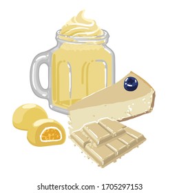 Cup of vanilla or banana milkshake with whipped cream surrounded by white chocolate desserts. Vector food art