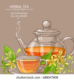 cup of vanilla tea and teapot on color background