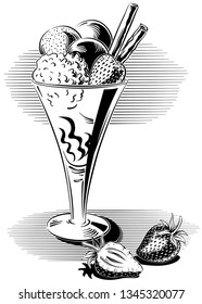 A cup with various flavors of ice cream and ripe strawberries, in black and white vector.