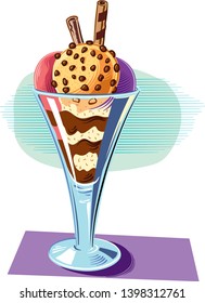 A cup with various flavors of ice cream, and ripe strawberries, in vector.