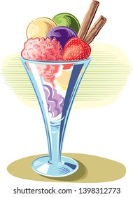 A cup with various flavors of ice cream, and ripe strawberries, in vector.