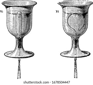 A cup or vase with hook shape tube in center often called Vase of Tantalus, this cup cannot be filled completely, vintage line drawing or engraving illustration.
