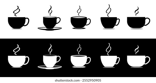 Cup Vector Art, Coffee mug icon, Tea cup icon set. Cups of coffee and tea symbol collection. cup a coffee icon, Hot coffee cup icon isolated, Tea mug with steam. tea pot clipart isolated.