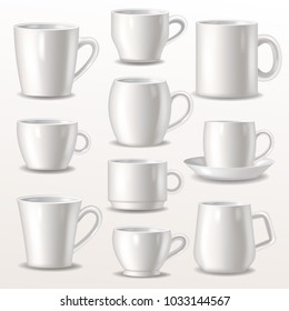 Cup vector empty mugs for coffee or tea for branding and simple teacup of various shapes illustration set of white cupful or mugful isolated on white background