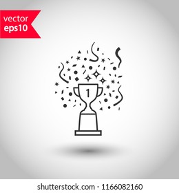 Cup vector icon. First place cup sign. Reward victory cup symbol. Goblet icon. Ceremony contest cup icon. Goblet with confetti icon. EPS 10 flat symbol.