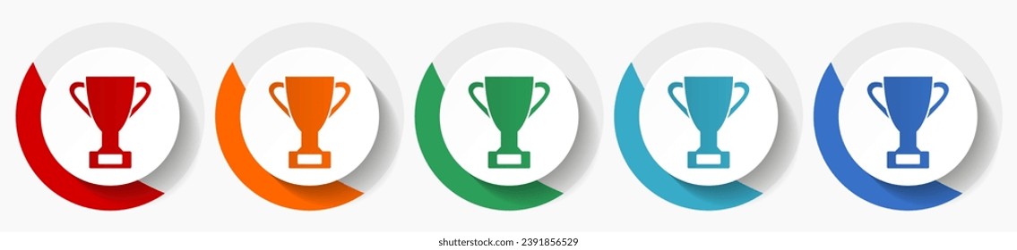 Cup vector icon set, flat design colorful round icons in 5 color options for webdesign and mobile applications