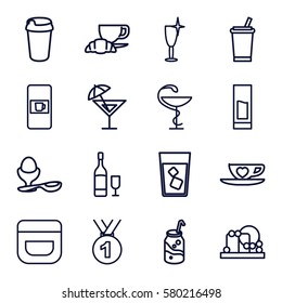 cup vector icons. Set of 16 cup outline icons such as vending machine, baby toy, cream, clean wine glass, soda, drink, coffee and croissant, boiled egg, cup with heart
