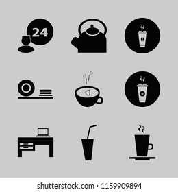 cup vector icons set. with plates shelf, coffee cup heart, teapot and room service in set