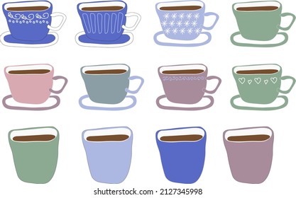 Cup vector illustration. Retro teacup coffee cup collection cup set heart flowers pattern vintage design on cup mug. Blue pink green cups on white background. 