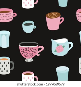Cup vector pattern. Seamless background with cute cups. Coffee mugs seamless pattern