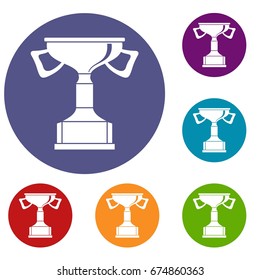 Cup for victory icons set in flat circle reb, blue and green color for web