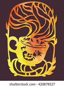 Cup with warm beverage. Paper cutting with watercolor texture
