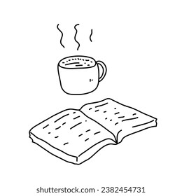 cup of warm coffee latte with a book doodle, hand drawn vector illustration, isolated on a white background.