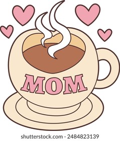 una taza de leche de café caliente con la palabra "mamá" escrita en la taza.