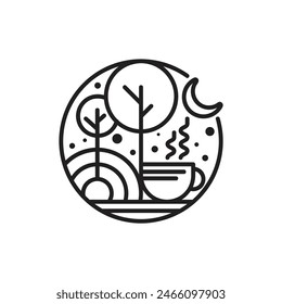 a cup of warm coffee with a natural view with a crescent moon logo vector