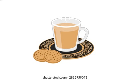 Cup of warm tea served on a detailed black coaster with two freshly baked biscuits on white background.