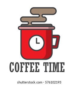 cup with watch, coffee time,a break and fragrant drink,the dial on a glass,vector image, flat design