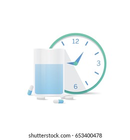 Cup Of Water And Clock  And Capsules Medicine And Pills Illustration Vector On White Background. Health Concept.