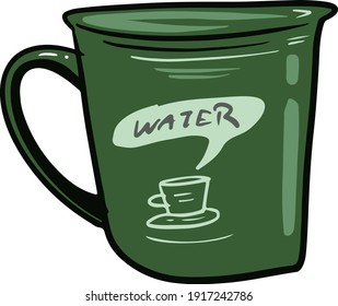 A cup of water in a green classic cup in vector illustration. a cup of coffee and cup of juice. 