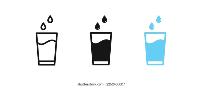 Cup water icon. Glass liquid symbol. Drink beverage signs. Drops symbols. Soda icons. Black and blue color. Vector isolated sign.