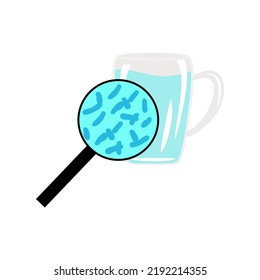 Cup Wather With Magnifier And Bacterium Legionella. Symbol Of Legionella Water Test. Icon Of Legionnaire Disease. Risk Of Bacteria Infection. Vector Illustration Eps10