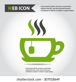 Cup web icon, flat, vector. Cup is filled of something hot, tea, coffee of other. Cup with steam and plate.