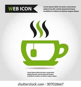 Cup web icon, flat, vector. Cup is filled of something hot, tea, coffee of other. Cup with steam and plate.