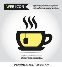 Cup web icon, flat, vector. Cup is filled of something hot, tea, coffee of other. Cup with steam and plate.