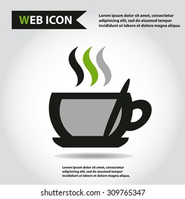 Cup web icon, flat, vector. Cup is filled out of something hot - tea, coffee or other. Cup with steam and spoon.