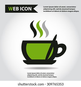 Cup web icon, flat, vector. Cup is filled out of something hot - tea, coffee or other. Cup with steam and spoon.