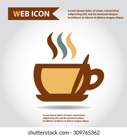 Cup web icon, flat, vector. Cup is filled out of something hot - tea, coffee or other. Cup with steam and spoon.