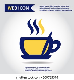 Cup web icon, flat, vector. Cup is filled out of something hot - tea, coffee or other. Cup with steam and spoon.