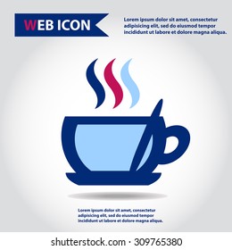 Cup web icon, flat, vector. Cup is filled out of something hot - tea, coffee or other. Cup with steam and spoon.