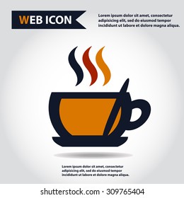 Cup web icon, flat, vector. Cup is filled out of something hot - tea, coffee or other. Cup with steam and spoon.