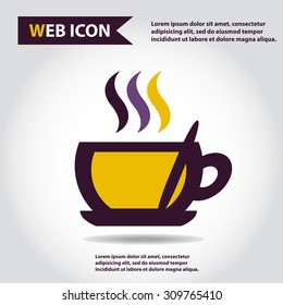 Cup web icon, flat, vector. Cup is filled out of something hot - tea, coffee or other. Cup with steam and spoon.