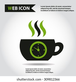 Cup web icon, flat, vector. Cup is filled out of something hot - tea, coffee or other. Cup with steam and clock.