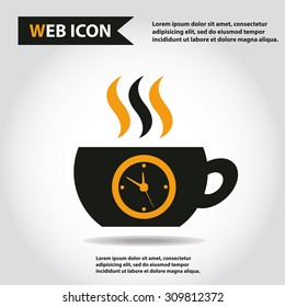 Cup web icon, flat, vector. Cup is filled out of something hot - tea, coffee or other. Cup with steam and clock.