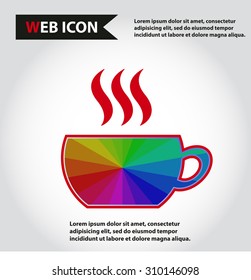 Cup web icon, flat, vector. Cup is filled out of something hot - tea, coffee or other. Cup with steam. Cup is designed with rainbow tint.