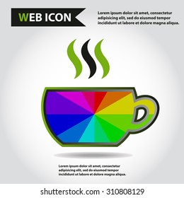 Cup web icon, flat, vector. Cup is filled out of something hot - tea, coffee or other. Cup with steam. Cup is designed with rainbow tint.