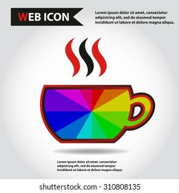 Cup web icon, flat, vector. Cup is filled out of something hot - tea, coffee or other. Cup with steam. Cup is designed with rainbow tint.