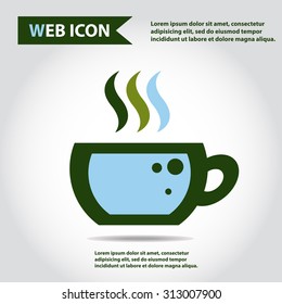 Cup web icon, flat, vector. Cup is filled of something hot, tea, coffee of other. Cup with steam.