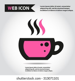 Cup web icon, flat, vector. Cup is filled of something hot, tea, coffee of other. Cup with steam.