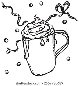 Cup with whipped cream and drips, drop, bow-knot, whipped cream, snow flakes