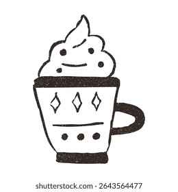 Cup with whipped cream, hand drawn doodle, vector illustration isolated on white background. Outline sketch style with grunge vintage texture. Mug with sweet winter drink, cafe concept.