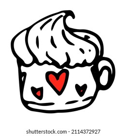 a cup with whipped cream, with a red heart. coffee cup icon with whipped cream cup, side view isolated black outline on white for romantic. Vector drawing