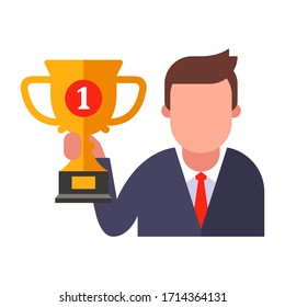 cup win manager. take first place at work. Flat character vector illustration.