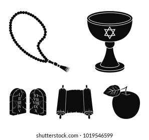 A cup of wine, Islamic beads, ten commandments, tanakh. Religion set collection icons in black style vector symbol stock illustration web.