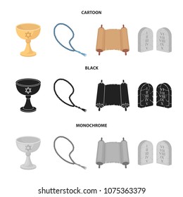 A cup of wine, Islamic beads, ten commandments, tanakh. Religion set collection icons in cartoon,black,monochrome style vector symbol stock illustration web.