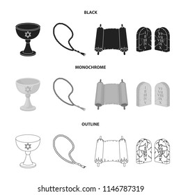 A cup of wine, Islamic beads, ten commandments, tanakh. Religion set collection icons in black,monochrome,outline style vector symbol stock illustration web.